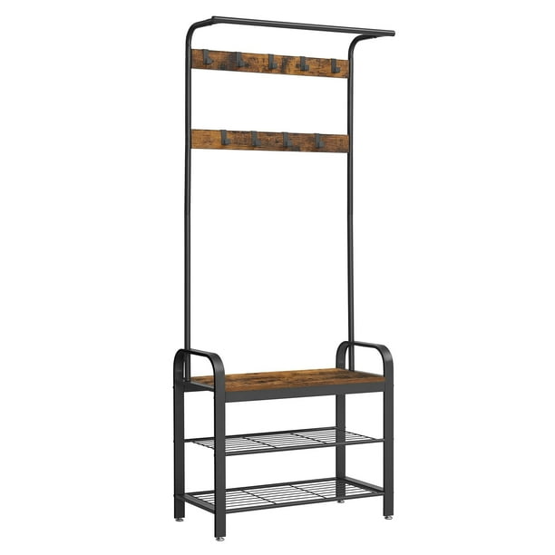 Perchero Zapatero, Perchero con Banco Recibidor, 4 en 1, 9 Ganchos Extraíbles, Barra Superior, para Entrada Pasillo, 33.7 x 77 x 183 cm, Industrial, Marrón Rústico y Negro