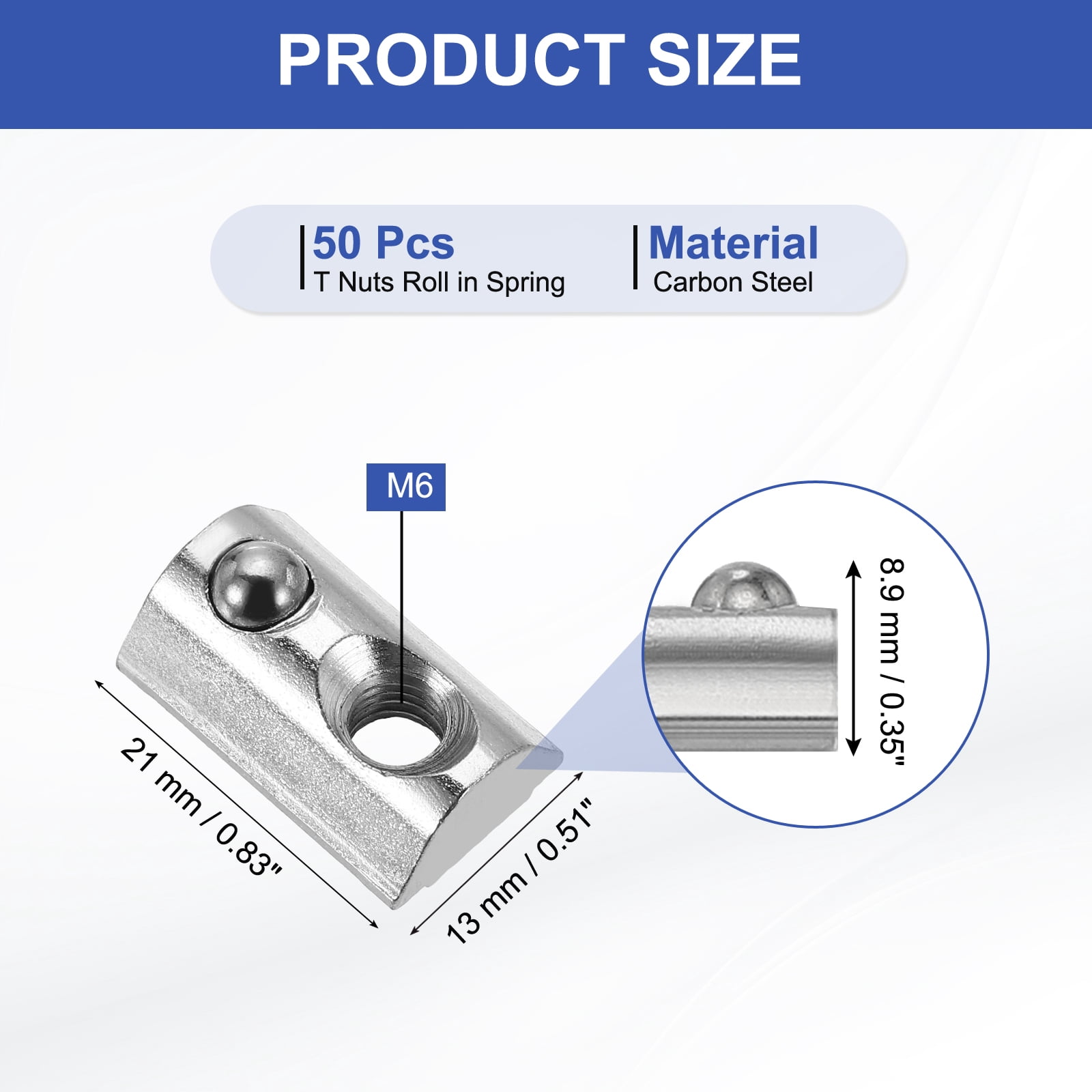 M6 Half Round Roll in Spring T Nuts 4040 Series Carbon Steel T Slot Spring Nuts Silver, 50 Pcs