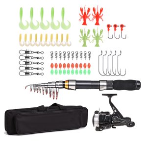 Pêche Lixada Rod de pêche Reel Combo Kit complet avec 2.1m 2. Barres de pêche télescopiques 2PCS Set de bobines de spinning avec crochets doux Lures Barrel Swivels Sac de rangement