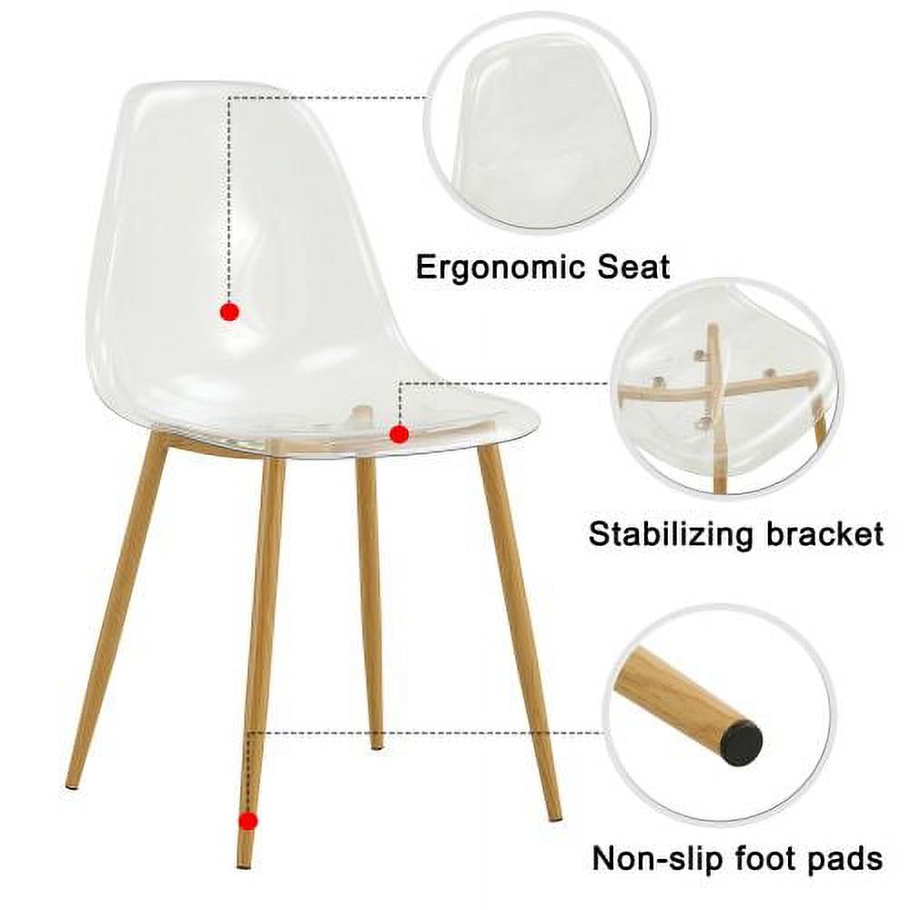 BSHTI Modern simple transparent dining chair plastic chair armless crystal chair Nordic creative makeup stool negotiation chair Set of 4 and wood color metal leg