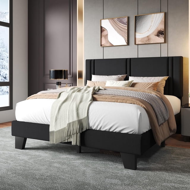 Honfach Queen Bed Frame, Velvet Upholstered Platform Bed Frame, Solid Wood Slats & Heavy Duty Feet Support, No Box Spring Needed, Noise-Free, Easy Assembly, Black