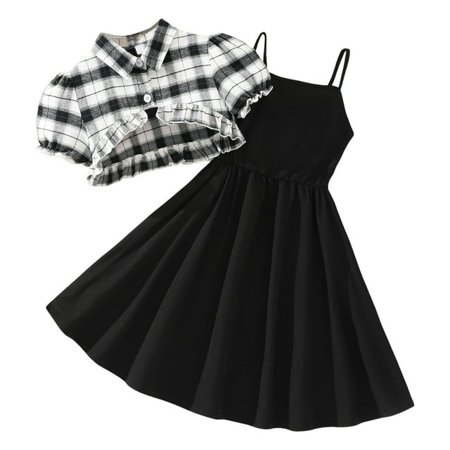 FAOWME Toddler Girls Summer Short Sleeve Solid Color Tops And Dress 2PCS Outfits Clothes Set For Child Black 8-9 Years