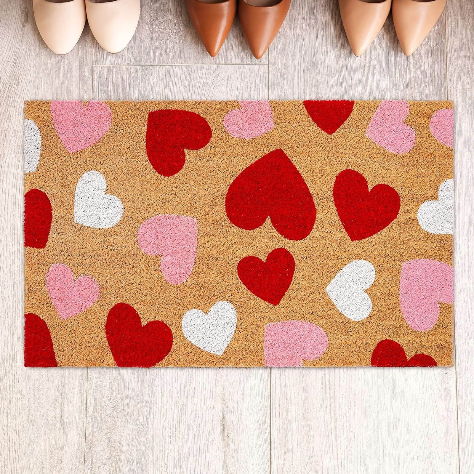 Valentine's Day Natural Coir Doormat Red Love Heart Welcome Floor Mat Non- Entrance Door Rugs for Indoor Outdoor Home Bathroom Decor, 16*24 Inch