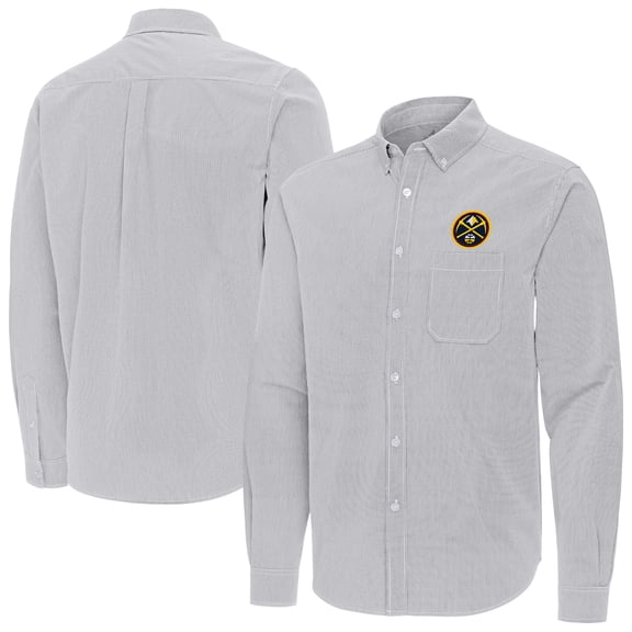 Men's Antigua Gray Denver Nuggets Porter Woven Long Sleeve Button-Down Shirt