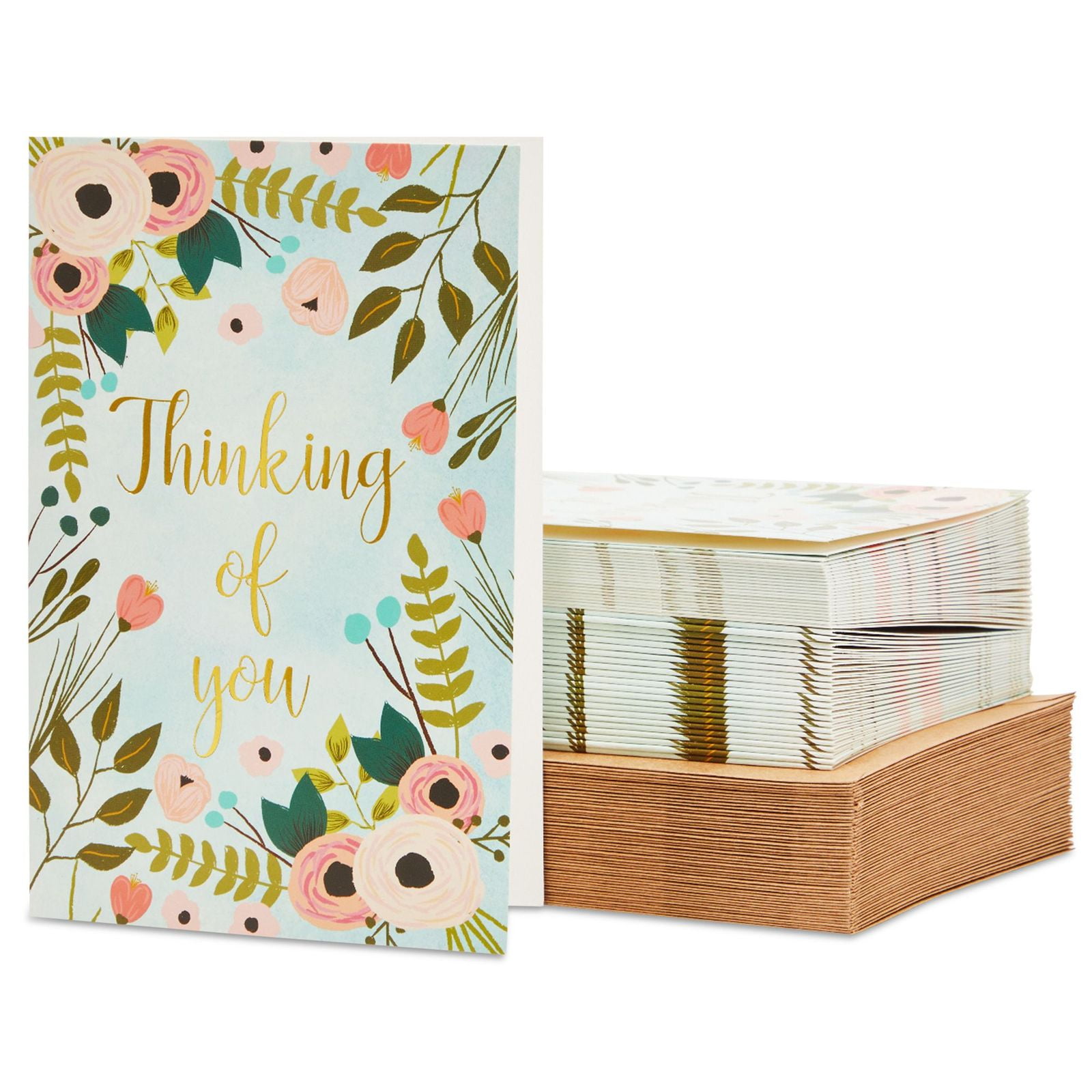 48 Pack Thinking of You Cards with Envelopes Box Set for All Occasions, Flower Designs, Gold Foil, 4x6 inches