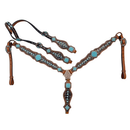Western One Ear Headstall and Breast Collar Tack Set for Horse with Leopard Print & Turquoise Stone Overlay - Premium Argentina Cow Leather