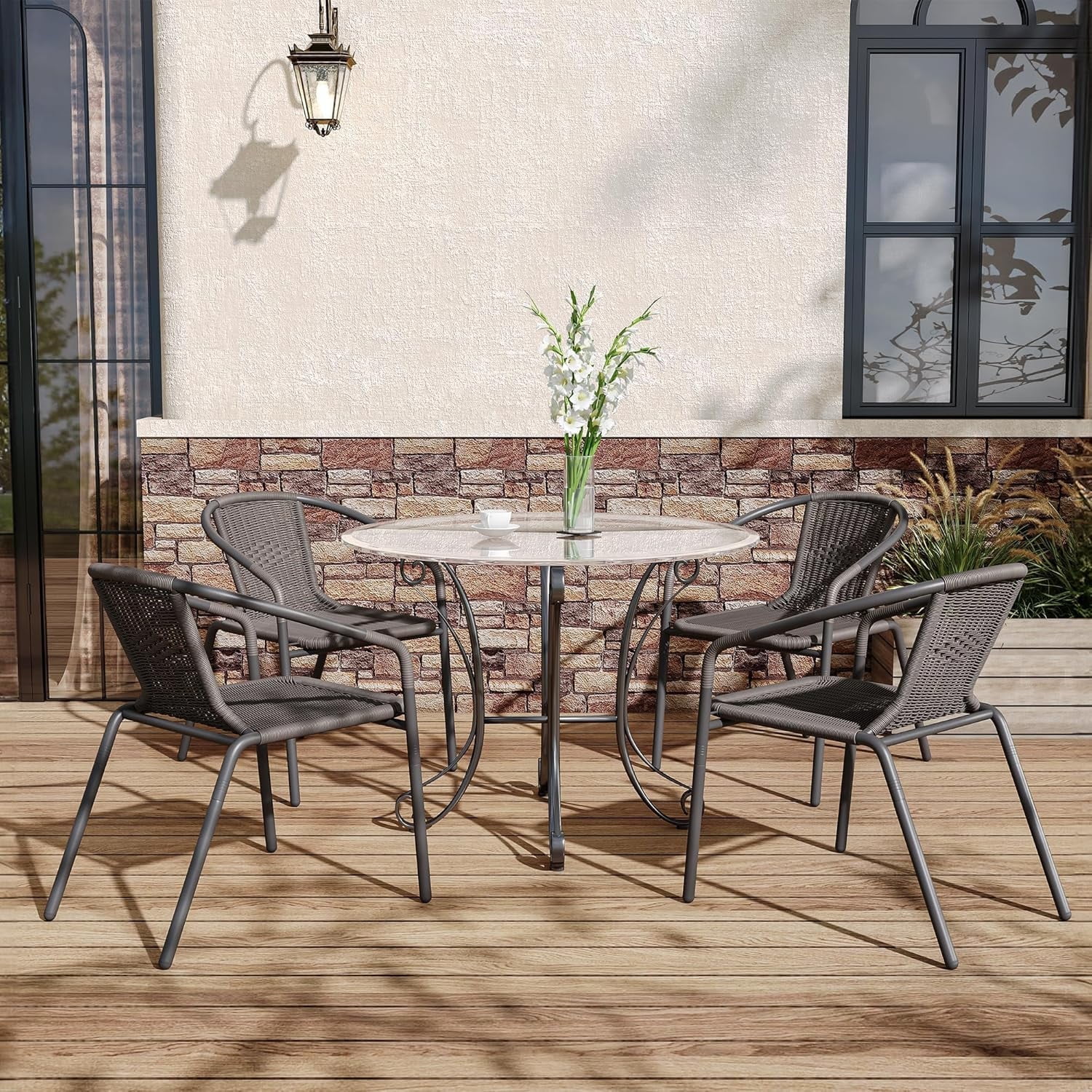 Poteban Patio Chairs Set of 4, Outdoor Dining Chairs Wicker Stackable Patio Chairs, for Indoor Restaurant Porch, Lawn Garden Backyard Deck, Grey