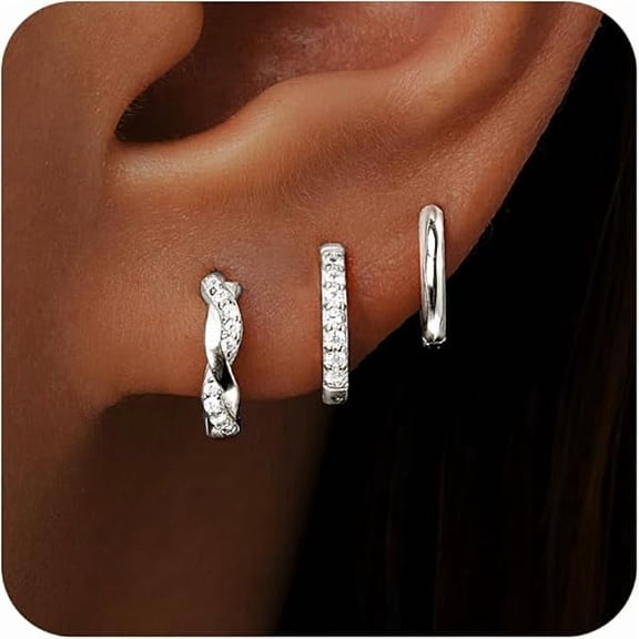 ZLC Gold Huggie Hoop Earrings Set for Women, Dainty Small Sterling Silver Earring Stacks Hypoallergenic Jewelry for Multiple Piercings, Trendy Twisted Cute Cartilage Hoops Birthstone Gift 3 Pairs