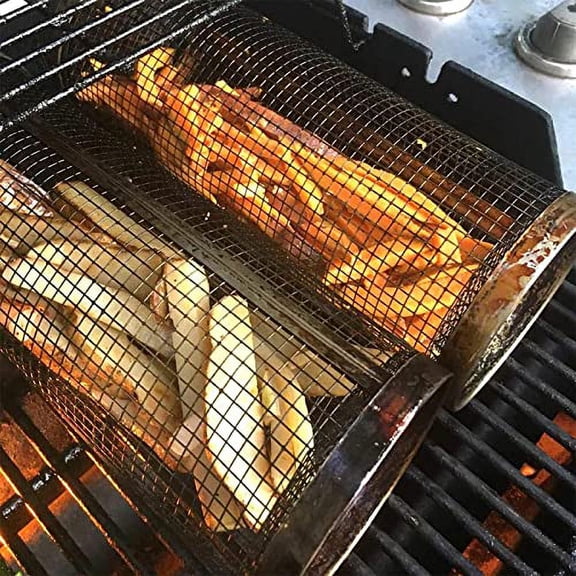 BBQ Grill Basket | Rolling Grilling Basket | Stainless Steel Barbecue Grill Baskets | Cylinder Grilling Baskets BBQ Vegetable Basket | Grill Cooking Accessories