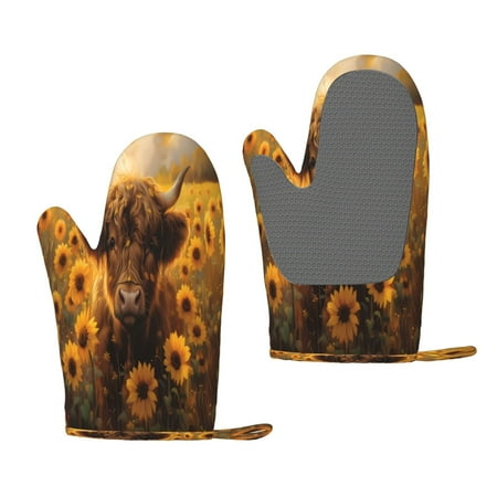 

Lukts Cute Cow Sunflower Field for Silicone Anti-Scalding Gloves Kitchen Lanyard Gloves for Grilling Baking Cooking