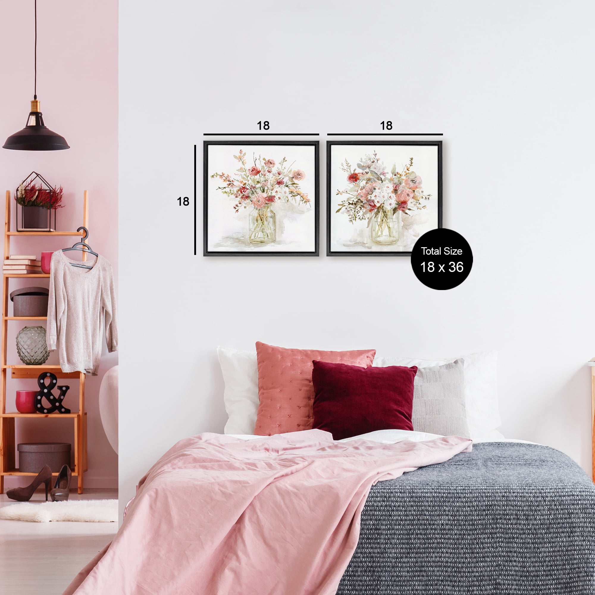 Stupell Industries Delicate Watercolor Bouquets in Glass 2 Piece Black Framed Floater Canvas Set, design by Carol Robinson