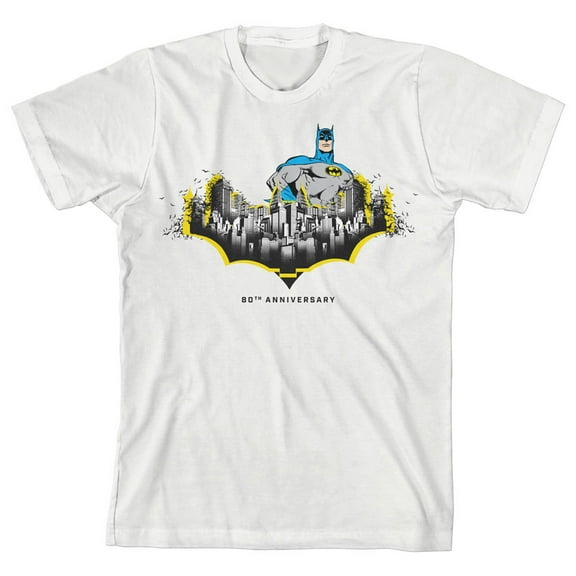 Batman Gotham City Bat 80th Anniversary Boy's White T-shirt-XS