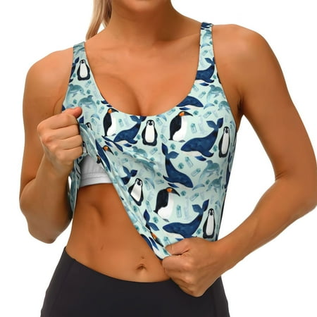 Qokaie Penguins Whales Pattern Womens Scoop Neck Sports Bra Breathable Workout Vest Padded U Back Medium Impact Fitness Gym Yoga Bra Workout Crop Top