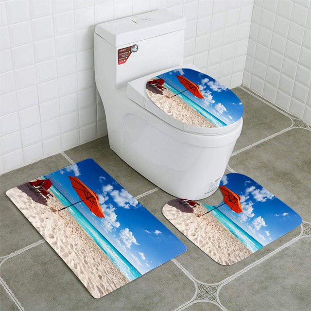 ABPHQTO Sombrilla de playa naranja Juego de alfombras de baño de 3 piezas Alfombra de baño Alfombra de contorno y tapa de inodoro