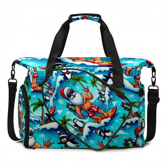 Large Gym Bag with Shoe Compartment, Water-Resistant Duffle Bag for Men and Women, Santa & Penguins Surfing Ocean Sports Tote for Workout Travel