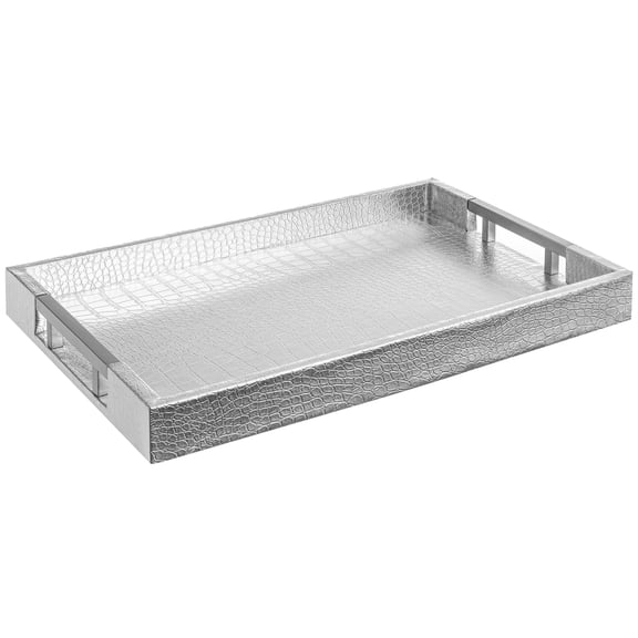 Home Redefined Serving Tray Glossy Alligator Faux Leather Stainless Steel Handles Silver 17.5x12 Rectangle