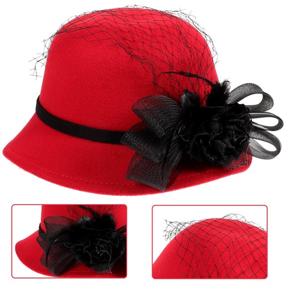 COMPUKAS Women's Red Fascinator Hat with Veil and Flower Lightweight Fashion Tea Party Headwear 100% Polyester