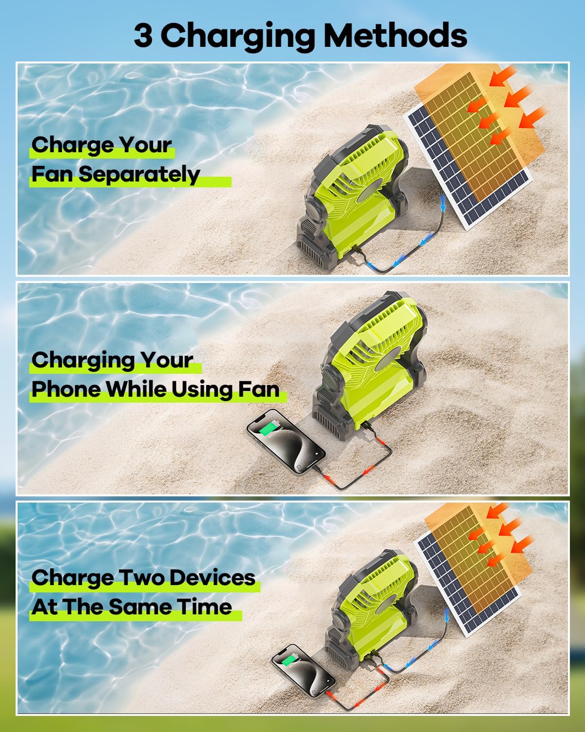 10400mAh Solar Fan, Camping Fan with 7W Solar Panel, Rechargeable Solar Powered Fan with LED Lantern,Portable Battery Operated Fan for Travel Picnic, Barbecue, Fishing,OutdoorIndoor