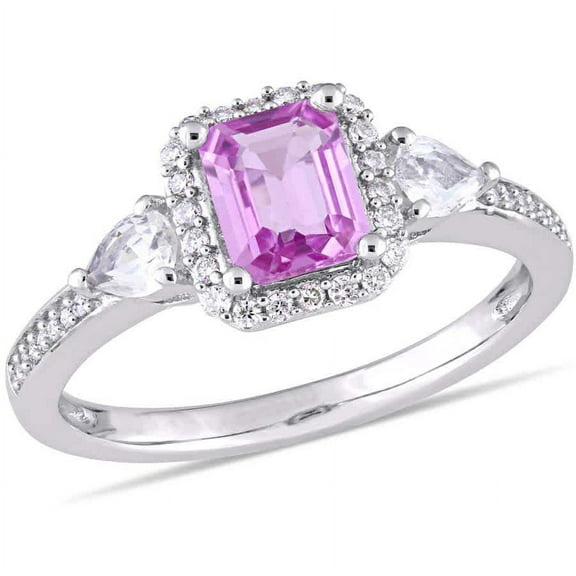 AMOUR Octagon Shape Pink Sapphire, Pear Shape White Sapphire and 1/6 CT TW Diamond Halo 3-sTone Ring In 14K White Gold