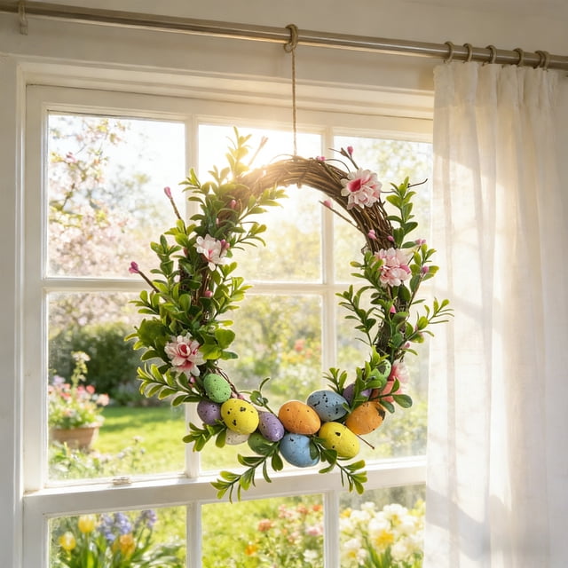 Tdxkok Easter Wreath Simulation Egg Wreath Spring Simulation Flower Door Hanging Decoration Easter Decorations