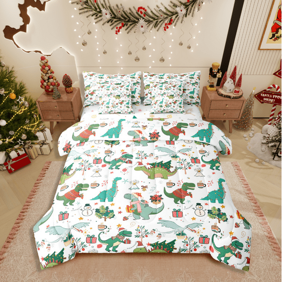 Castle Fairy Kids Kawaii Dinosaur 7-Piece Twin Bedding Sets,Christmas Snowman Bedding Comforter Set,Festival Xmas Breathable Sheet Sets,Lightweight Room Decor