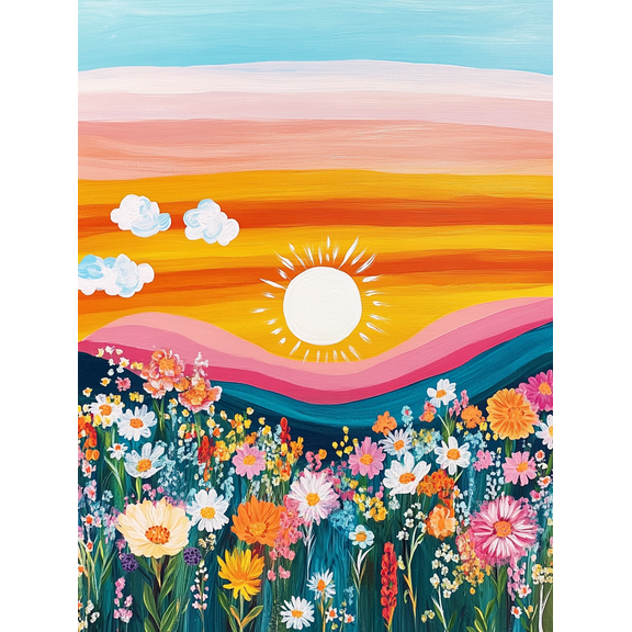Sunset Meadow Floral Canvas Painting， Suitable for Living Room， Bedroom， Office， Bathroom， and Kitchen Decoration.