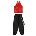 thumbnail image 4 of YONGHS Kids Girls Halter Hip Hop Jazz Dance Crop Top with Cargo Jogger Pants Set Performance Dancewear Red 6, 4 of 5