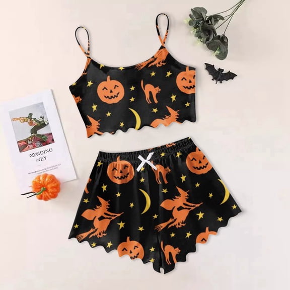 Halloween Pajamas Women Silk Satin Sleepwear Set Sleeveless Camisole Top with Shorts Soft Loungewear Womens Pajamas Black XXL