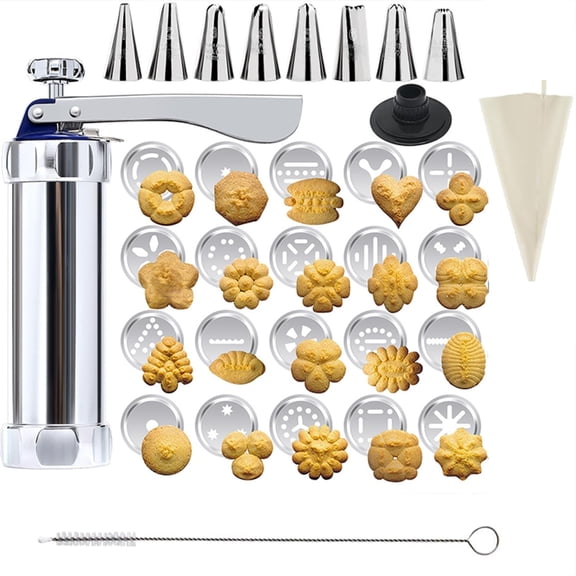 Professional Stainless Steel Cookie Press Gun Kit - 20 Upgraded Metal Discs & 8 Icing Nozzles - Heavy Duty Biscuit Maker for Effortless Baking - Complete Spritz Cookie Maker Set for Homemade Treats
