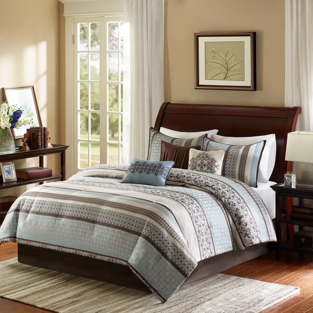 Home Essence Cambridge 7 Piece Jacquard Comforter Set, Blue, Cal King