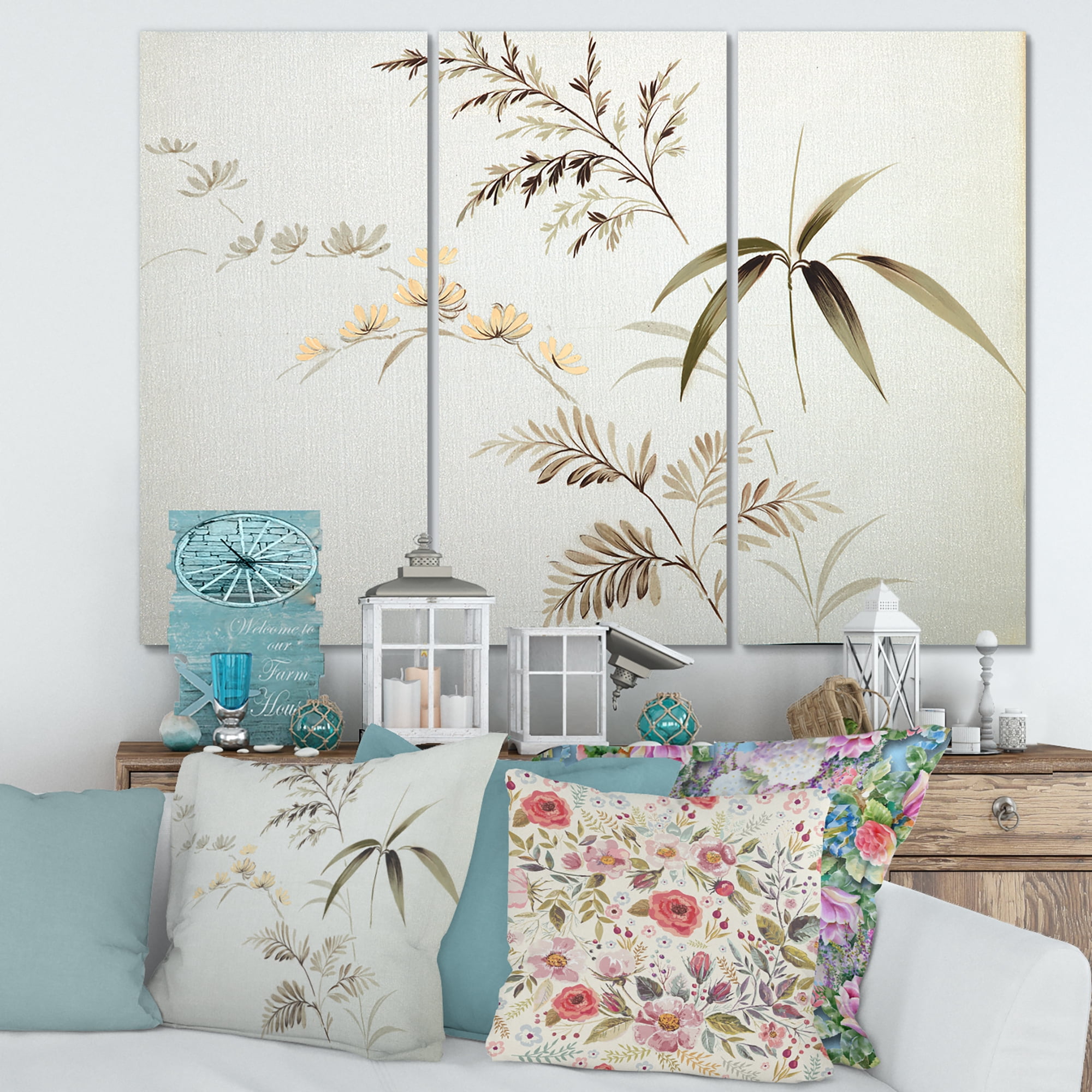 Designart ' Abstract Retro Drawing of Flowers III ' Vintage Canvas Wall Art Print