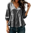 thumbnail image 2 of ClodeEU Women's V Neck Puff 3/4 Sleeve Tiered Ruffle Peplum Blouse,Loose Solid Babydoll Casual Top Gray,Women's Plus XXL, 2 of 6
