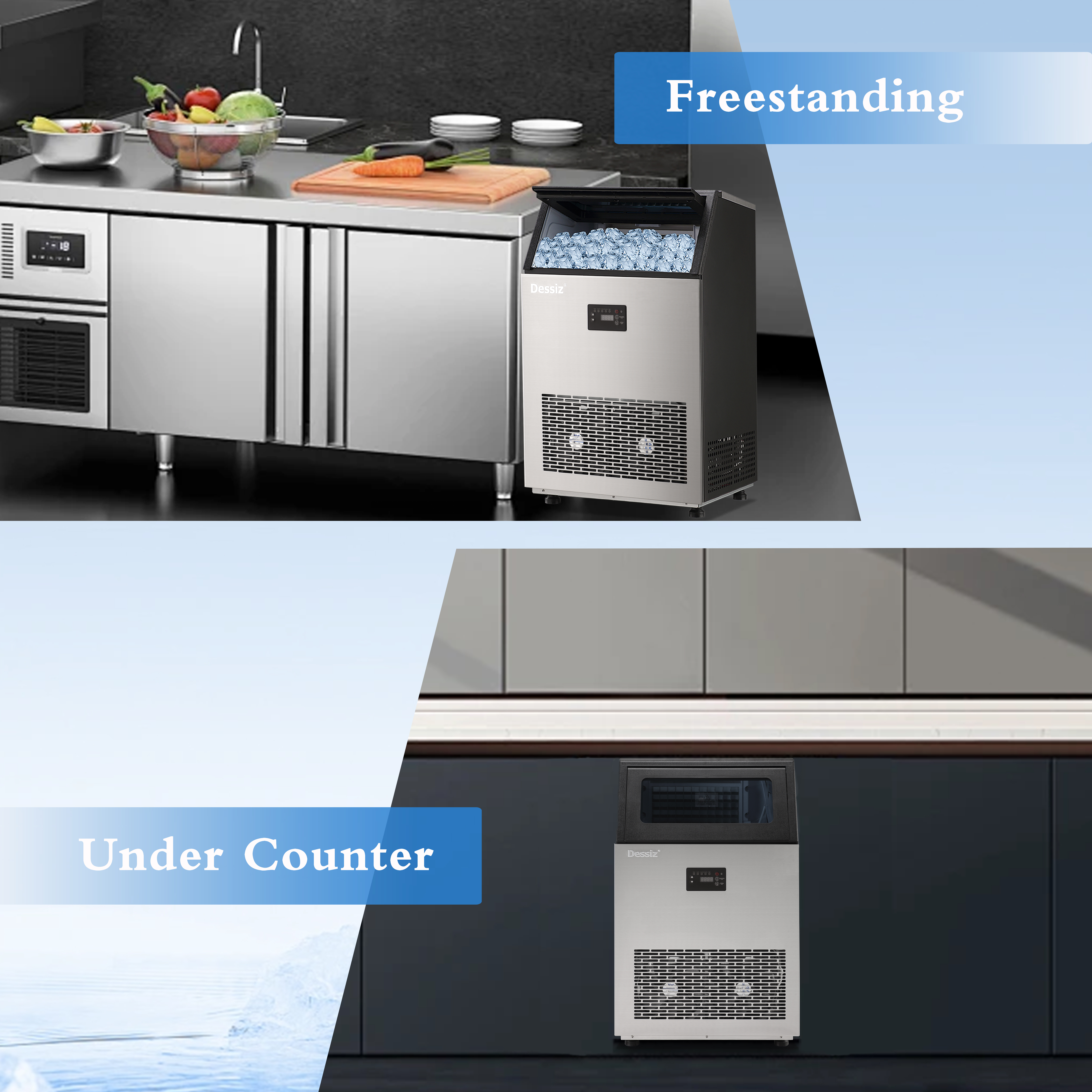 Dessiz Commercial Ice Maker Machine, 130Lbs/24H with 40Lbs Large Capacity, 55Pcs Ready in 8-15Mins, Under Counter Stainless Steel Ice Machine for Home Party Bar, Self-Cleaning and Quite