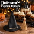 thumbnail image 3 of 12 Pcs Mini Witch Hat and Broom Set, Plastic Black Hats with Wooden Sweepers for Fall Party Craft Table Decor Bottle Toppers, 3 of 9