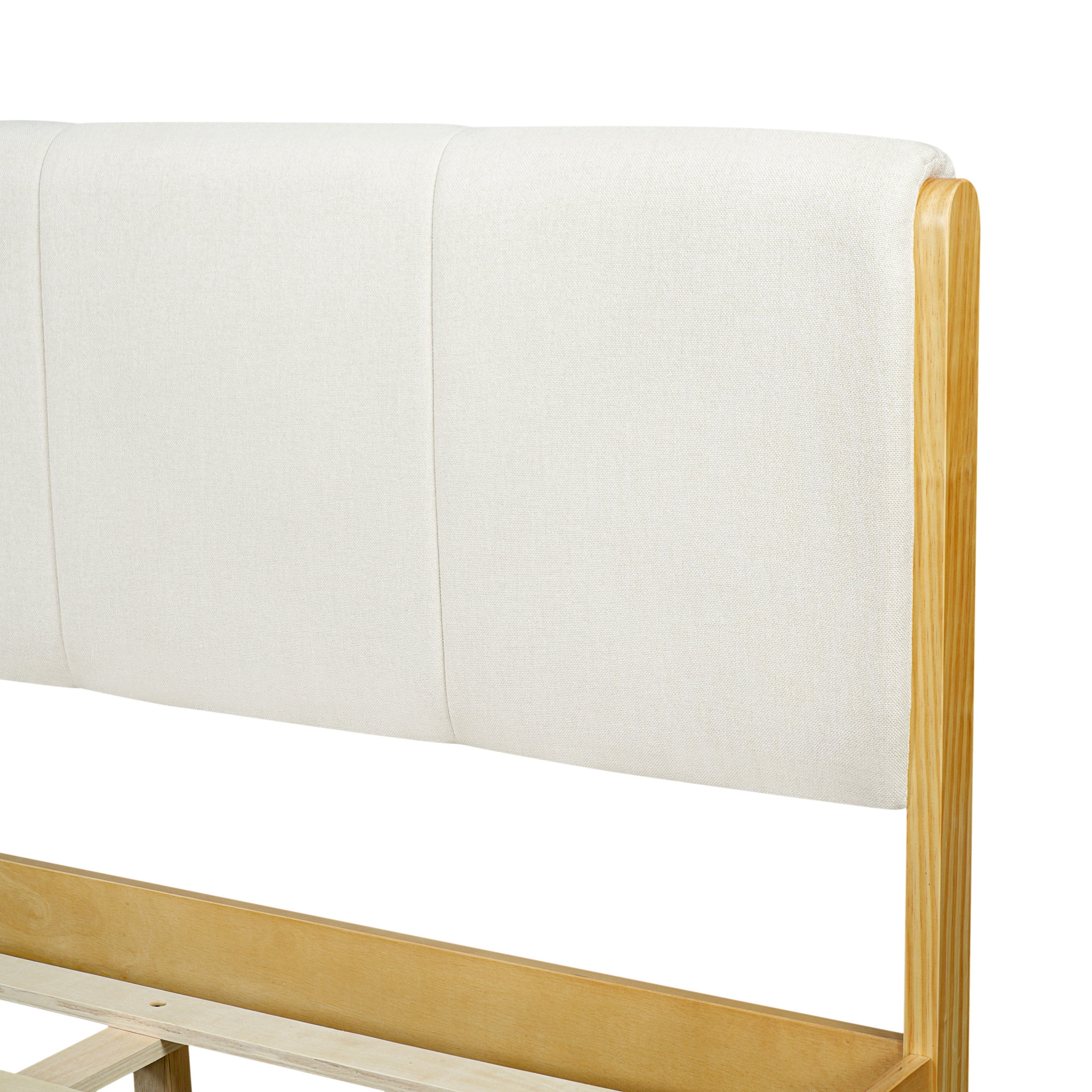 Christopher Knight Home King Upholstered Bed Frame, Platform Bed with Wood Trim, White + Natural