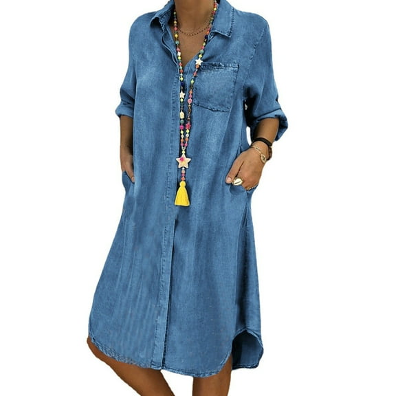 DYMADE Womens Casual Long Sleeve Loose Denim Shirt Solid Color Pockets Dress