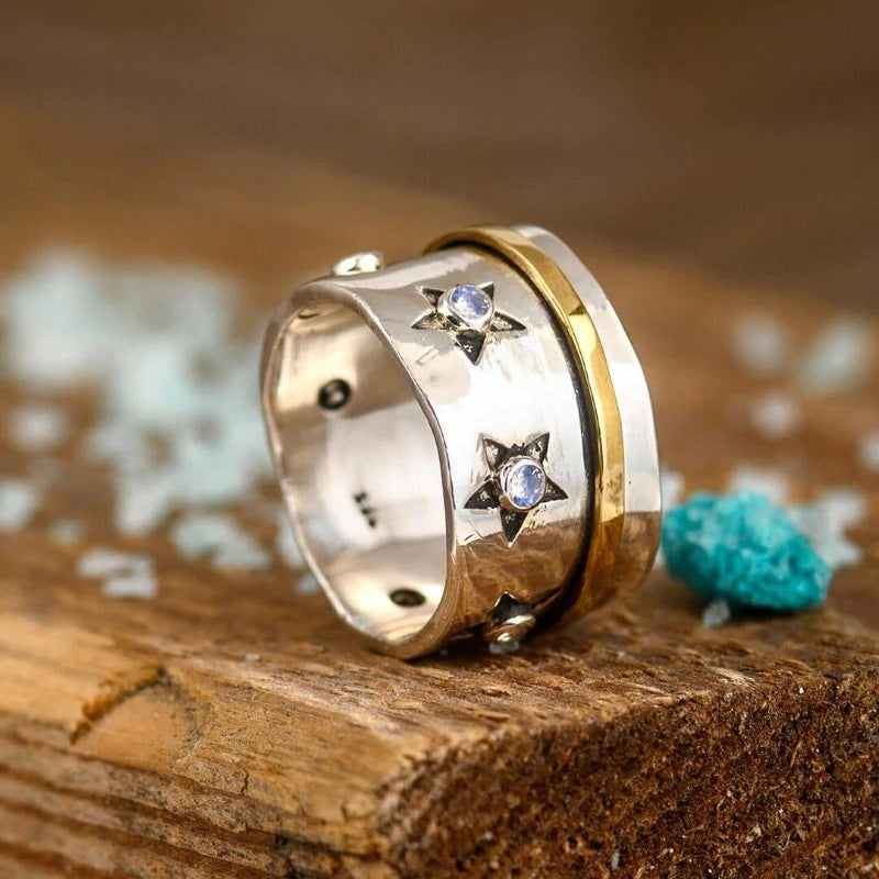 Moonstone Rotatable Metal Alloy Finger Fidget Spinner Ring For Men And Women Relief Anxiety Jewelry Gold Tones
