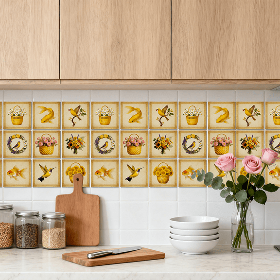 36 Pcs 9 Style Retro Yellow Flowers Tones Style Patten Tile Sticker Fish Birds Wall Tile Stickers Waterproof Self Adhesive Stick on Decals