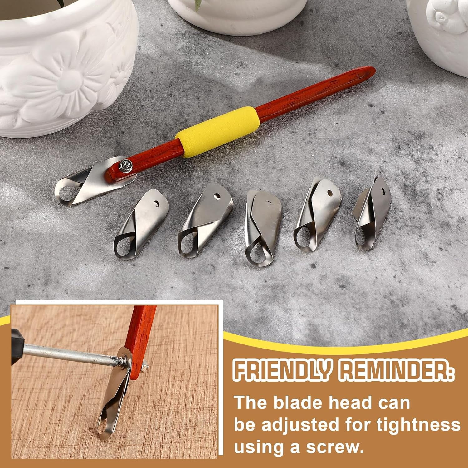 ABCISI Pottery Carving Tools Set Include 5 Stainless Steel Blades & Red Pear Wood Handle, Sculpture Scraper Craft Modelling Tools for Clay, Ceramic Sculpting, Graffito, Relief Art(U-tip)