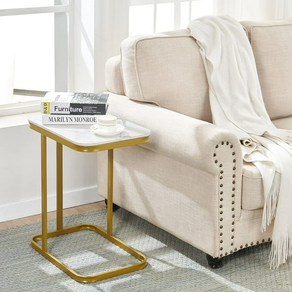 Nathaniel Home C-Shaped Sofa Side End Table, Legant Modern Sofa Side Table, Square Under Sofa Tables, with Painted Metal Frame, Gold/White