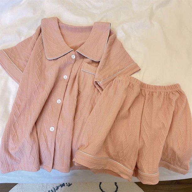 Pijama básico de manga corta para mujer, conjunto de ropa de estar por casa, Jacquard, Color liso, estilo coreano, novedad de verano