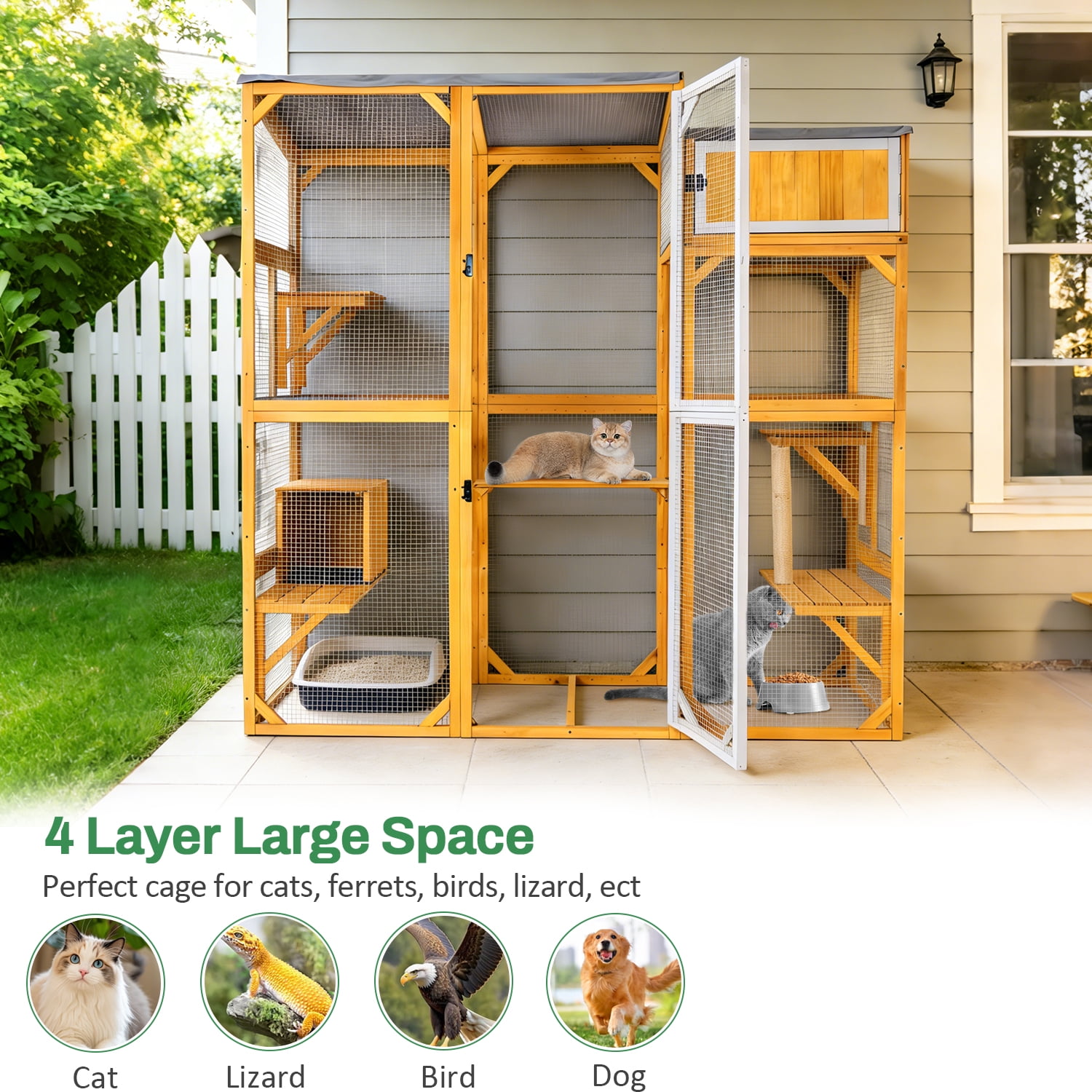 Wooden Outdoor Catio Enclosure for Pets with Scratching Post, Multi-Level Perches & Hideaways, Weatherproof Indoor/Outdoor Cat House with Roof, 5 Platforms & Resting Den, UV-Resistant