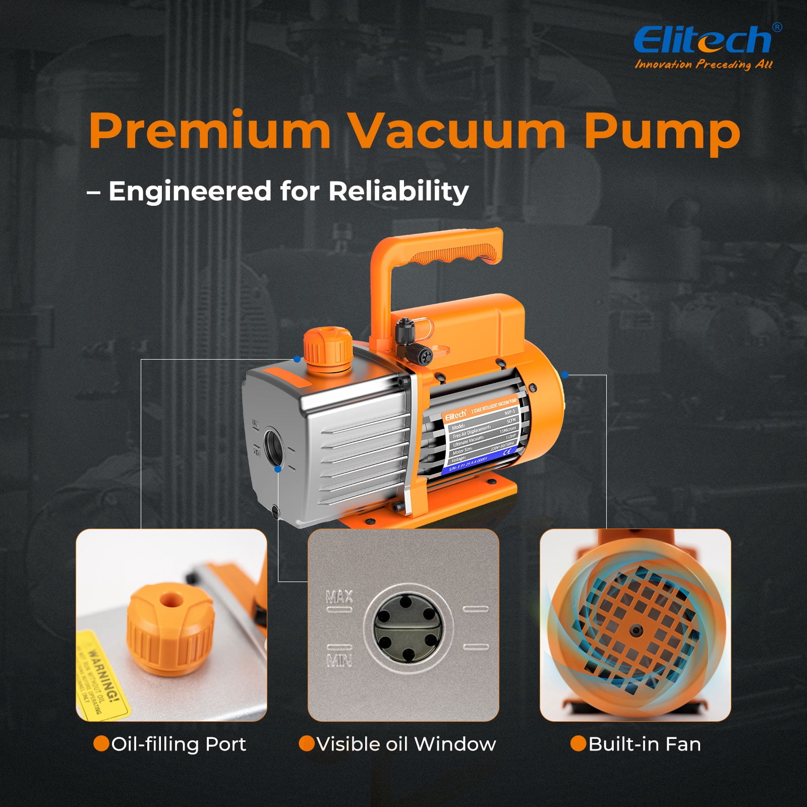 Elitech NVP-3 HVAC Vacuum Pump 3CFM 1.5L/S 1/4HP Single Stage Rotary Vane Air Vacuum Pump for HVAC and Refrigeration Systems, Durable and Easy to Maintain