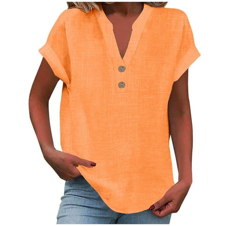 Chiccall Womens Plus Size Tops Fashion Casual Solid Cotton Linen Shirts V Neck Buttons Short Sleeve Tunic Blouse Summer Tops for Women 2025