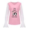 thumbnail image 4 of Mujeres Casual Vaca Impreso Cuello en V Encaje Empalme Manga larga Jersey Blusa Camiseta Tops Fridja  hkj4238, 4 of 5
