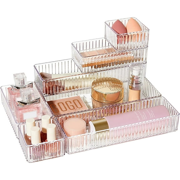 7 PCS Clear Drawer Organizers Bins, 4-Size Stackable Makeup and Vanity Drawer Organizer Trays, Acrylic Bathroom Drawer Storage Containers for Cosmetic, Office Supply, Kitchen Utensils Gadgets