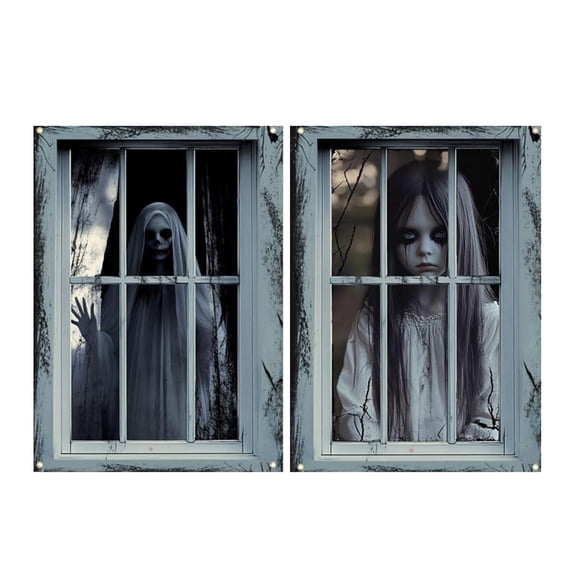 Halloween Door Cover 2 Piece Window Curtain Backdrop Hanging Cloth Scary Ghost Scene Banner for Outdoor Porch Yard Home