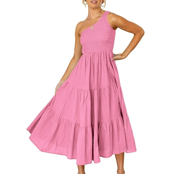 Nehlobo Women Summer Bohemian Party Maxi Dress One Shoulder Sleeveless Tiered Ruffle Flowy Skirt for Beach Wedding Club Holiday
