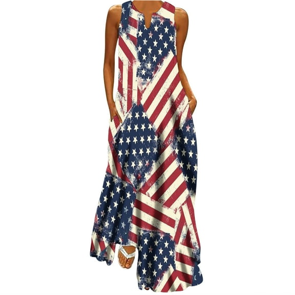Wycnly Womens 4th of July Dresses Loose Pocket Swing Hem Independence Day Print Patriotic Tank Maxi Dresses Casual Camouflage V-Neck Sleeveless Long Summer Dress Dark Blue xl