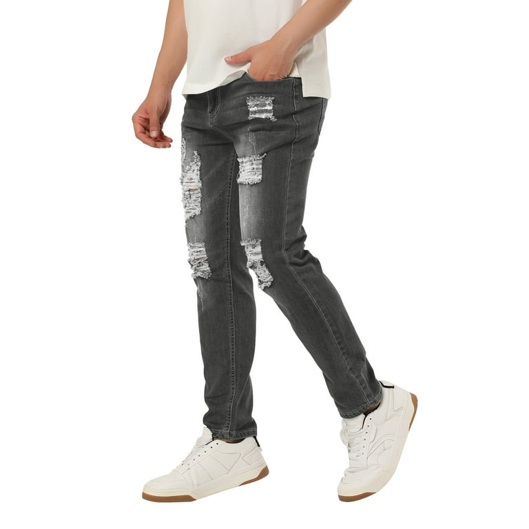 Dark grey top ripped jeans mens